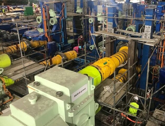 SMS group industrial site with yellow cardan shafts